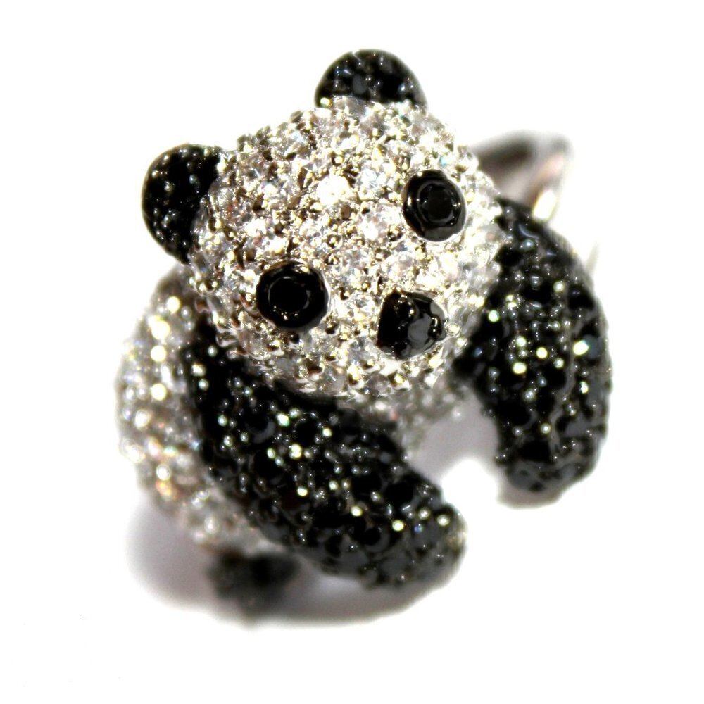 Ladies Panda Teddy Bear Super Cute Fun Black White Cubic Zirconia Cz Ring Size 7